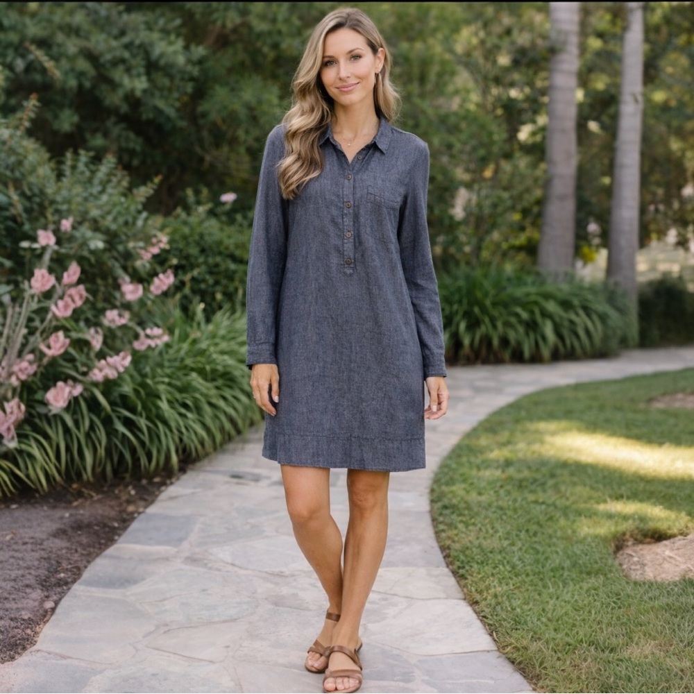Eileen Fisher Chambray Linen Shirtdress Size Medium Long Sleeve Dress